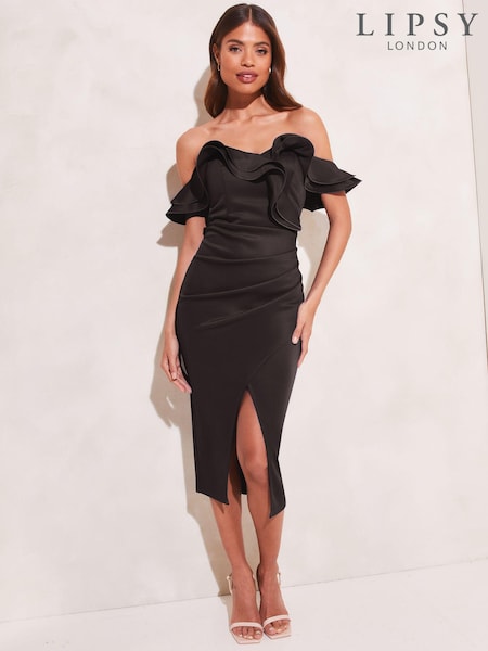 Lipsy Black Ruffle Bardot Split Wrap Midi Dress (K60605) | €41