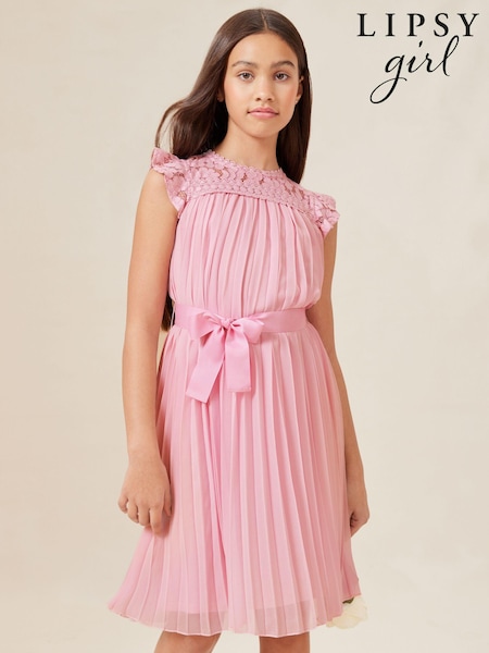 Rosa - Lipsy Kleid für besondere Anlässe mit Plissée-Design und Spitzenpasse (K61045) | 29 € - 34 €