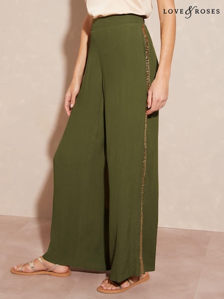 Love & Roses Khaki Green Wide Leg Side Trim Wide Leg Trousers (K61054) | €30