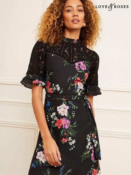 Черный в цветочек - Love & Roses Lace Mix Yoke High Neck Tier Short Sleeve Belted Mini Dress (K61217) | €28