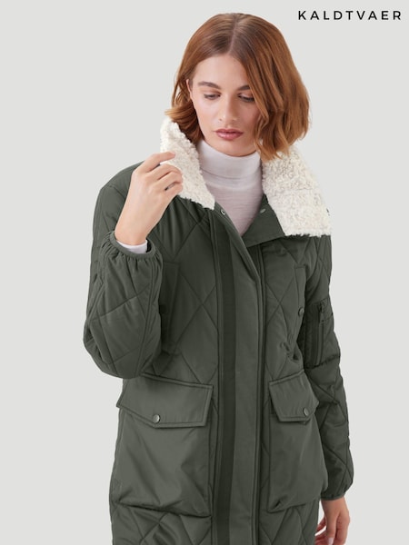 Kaldtvaer Khaki Green Petite Mysen Longline Diamond Quilted Padded Coat (K61233) | €48
