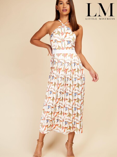 Little Mistress White Multi Print Halter Neck Pleat Midaxi Dress (K61395) | €24