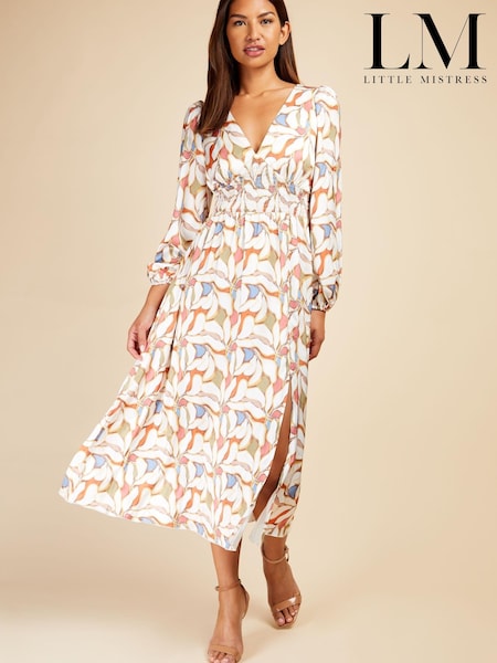 Little Mistress White Multi Long Sleeved V Neck Midaxi Dress (K61396) | €21