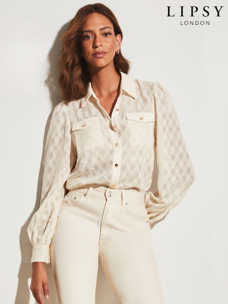Lipsy Cream Burnout Petite Front Pocket Button Through Shirt (K62634) | €15.50
