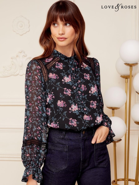 Love & Roses Black Patched Floral Long Sleeve Tie Neck Shirred Cuff Blouse (K63046) | €19.50