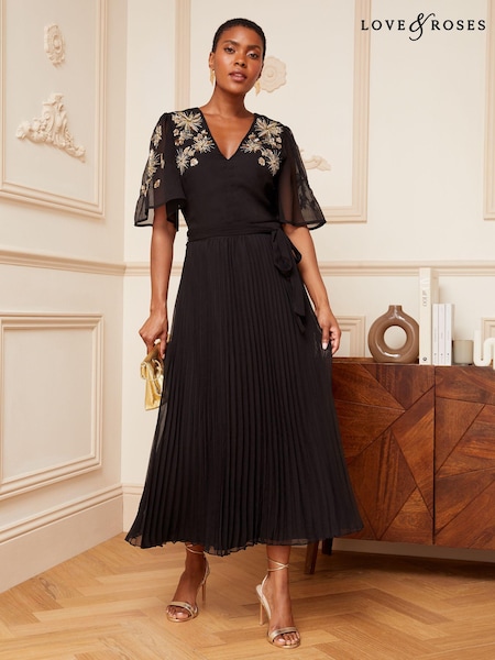 Love & Roses Embellished Sequin V Neck Flutter Sleeve Midi Dress (K63069) | 351 LEI
