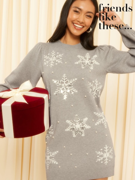 Friends Like These Grey Petite Christmas Snow Flake Long Sleeve Jumper Dress (K63203) | €24