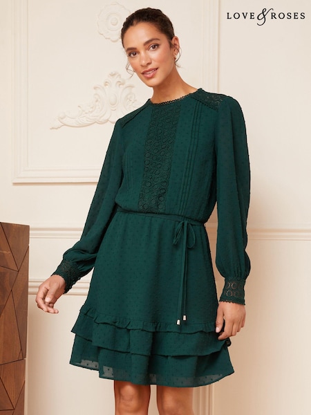 Love & Roses Green Printed Belted Long Sleeve Skater Dress (K63274) | € 40