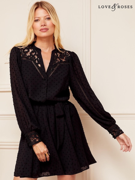 Love & Roses Dobby Spot Chiffon Lace Yoke Long Sleeve Mini Dress (K63276) | 196 LEI