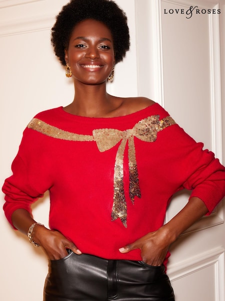 Love & Roses Red Sequin Bow Crew Neck Knitted Jumper (K63298) | €22