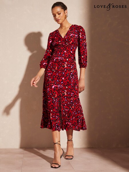 Красный со звериным принтом - Love & Roses V Neck Twist Front Long Sleeve Midi Dress (K64426) | €34