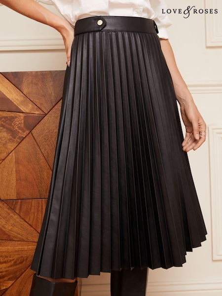Love & Roses Black Petite Faux Leather Pleated Midi Skirt (K64469) | €39