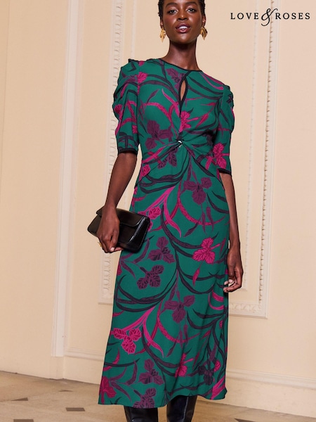 V&A | Love & Roses Printed Ruched Sleeve V Neck Midi Dress (K64500) | ‏161 د.إ.‏