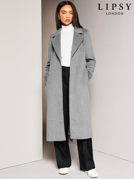 Lipsy Grey Premium Wool Blend Faux Fur Collar Wrap Coat (K64581) | €79