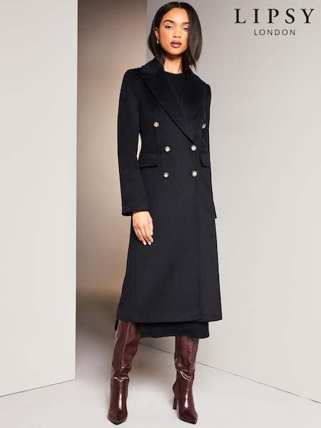Lipsy Black Premium Wool Blend Faux Fur Collar Double Breasted Coat (K64582) | €169
