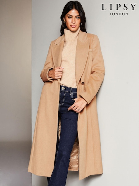 Lipsy Camel Premium Wool Blend Self Tie Wrap Trench Coat (K64584) | €83