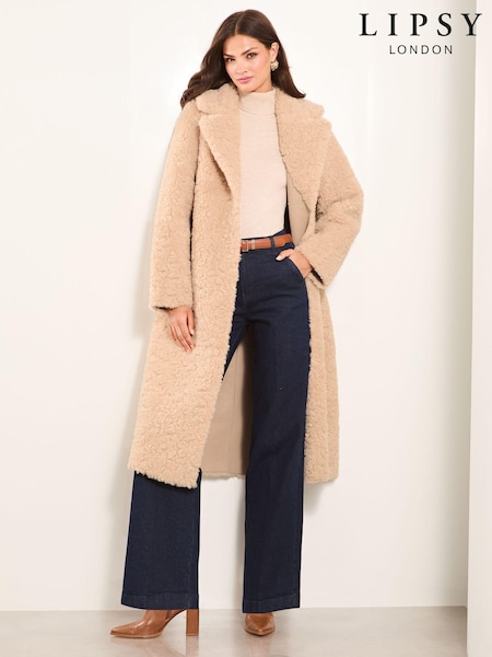 Lipsy Cream Premium Reversible Faux Fur Shearling Coat (K64585) | €54
