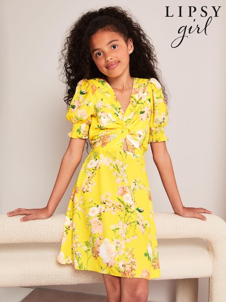 Lipsy Yellow Floral Knot Front Mini Dress (K64830) | AED74 - AED95