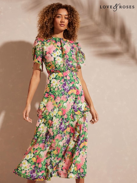 Love & Roses Ivory Floral Printed Flutter Sleeve Tiered Ruffle Midi Dress (K65076) | € 28