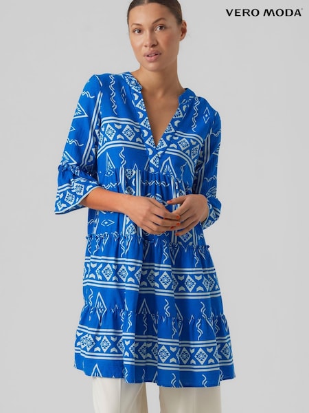 VERO MODA Bright Blue Printed V Neck Tunic Beach Dress (K65177) | €18.50