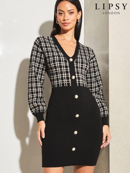 Lipsy 2 in 1 Check Button Through Knitted Dress (K65311) | €22