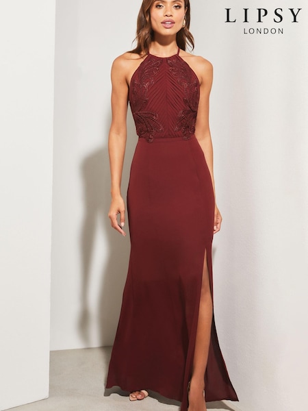 Lipsy Red Artwork Lace Halter Split Maxi Dress (K65500) | €40