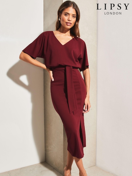 Lipsy Berry Red V Neck Flutter Sleeve Belted Midi Dress (K65640) | € 12