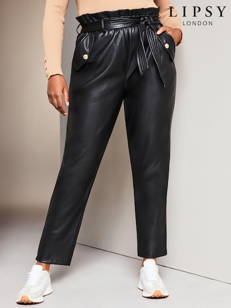 Lipsy Black Curve Faux Leather Military Button Paperbag Trousers (K65659) | €15.50