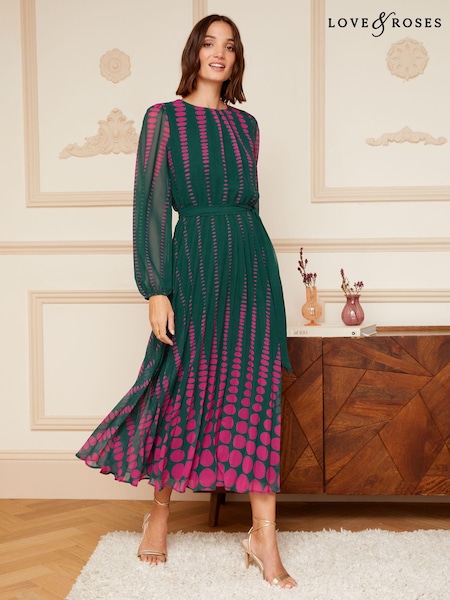 Love & Roses Green & Pink Spot Petite Printed Belted Pleated Long Sleeve Midi Dress (K65676) | € 29