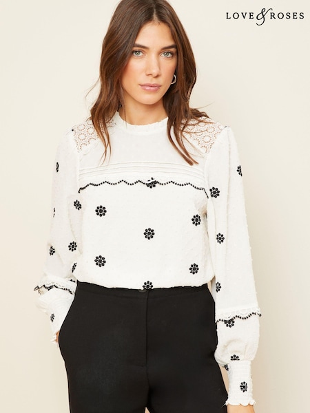 Fildeș Alb broderie - Bluză cu guler Dantelă și decorațiuni Mânecă lungă Love & Roses (K65766) | 139 LEI