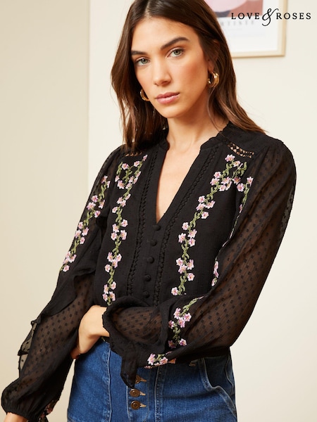 Love & Roses Black Ruffle Trim V Neck Long Sleeve Blouse (K65778) | €26