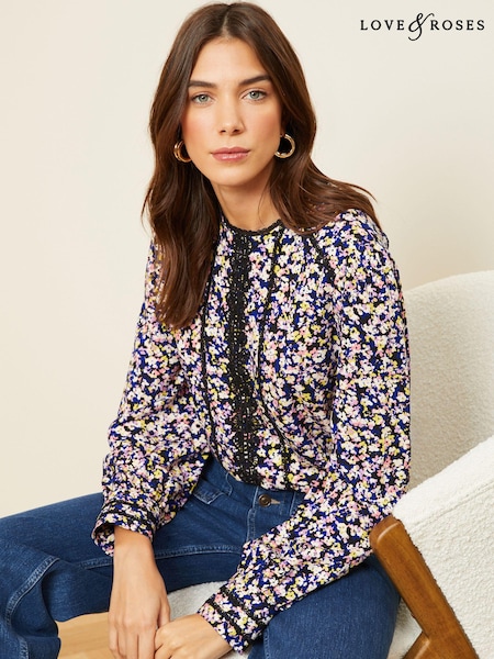 Love & Roses Navy Blue Ditsy Petite Printed Crew Neck Lace Trim Long Sleeve Blouse (K65782) | € 14