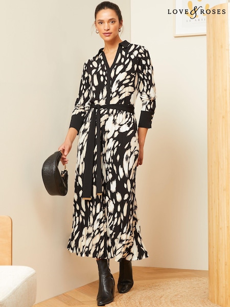 Animal negru - Rochie midi de vară Love & Roses tip cămașă plisată din jerseu cu cordon (K65783) | 196 LEI