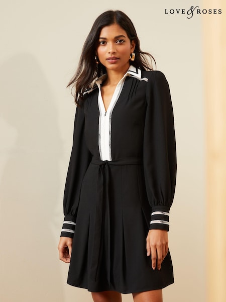 Love & Roses Black and White Contrast Detail Zip Belted Mini Dress (K65785) | €37