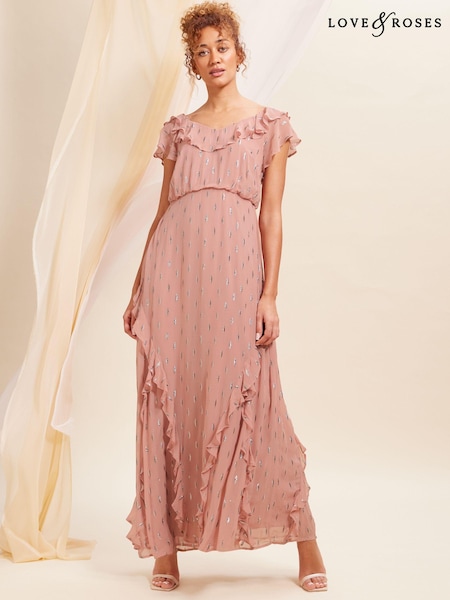 Roz - Rochie lungă cu fundă la spate și detaliu Love & Roses Metalic Volane (K65809) | 304 LEI