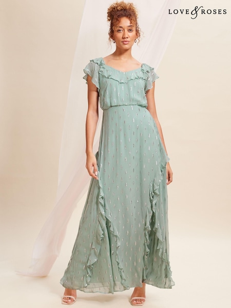 Verde - Rochie lungă cu fundă la spate și detaliu Love & Roses Metalic Volane (K65812) | 304 LEI