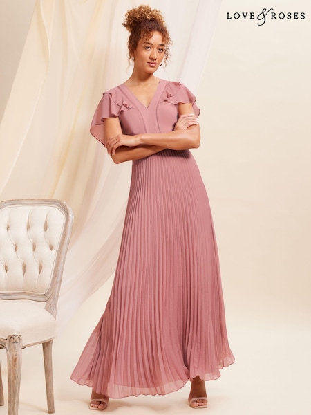 Love & Roses Rose Pink Ruffle Cape Detail Lace Trim Pleated Maxi Bridesmaid Dress (K65813) | €31