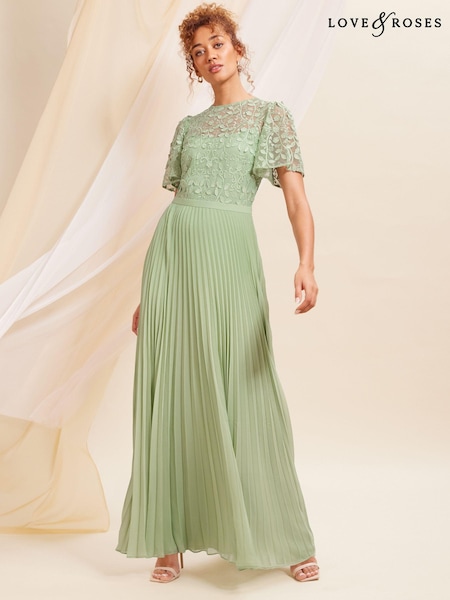 Love & Roses Embroidered Flutter Sleeve Pleated Maxi Bridesmaid Dress (K65815) | 340 LEI
