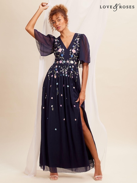 Bleumarin albastru - Rochie maxi din șifon cu mânecă evazată și decorațiuni Love & Roses (K65817) | 483 LEI