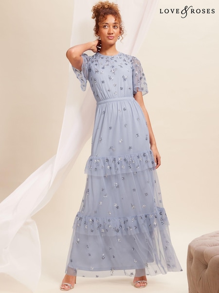 Love & Roses Blue Embellished Mesh Tiered Maxi Bridesmaid Dress (K65820) | €92