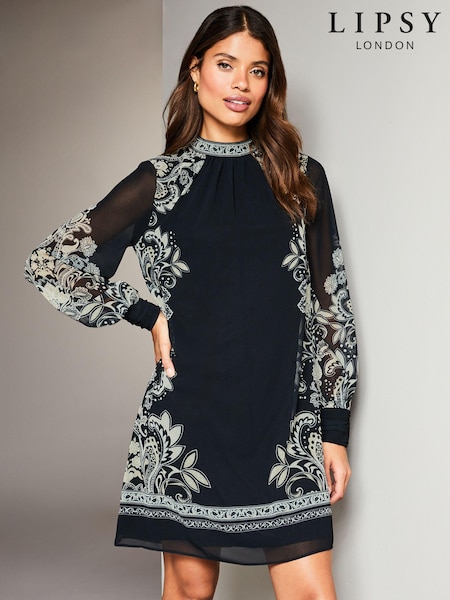 Lipsy Black/White Placement Printed Long Sleeve Shift Mini Dress (K65835) | € 42