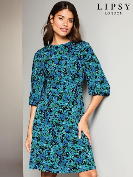 Lipsy Blue Ditsy Floral Jersey Underbust Puff Sleeve Mini Dress (K65837) | €11