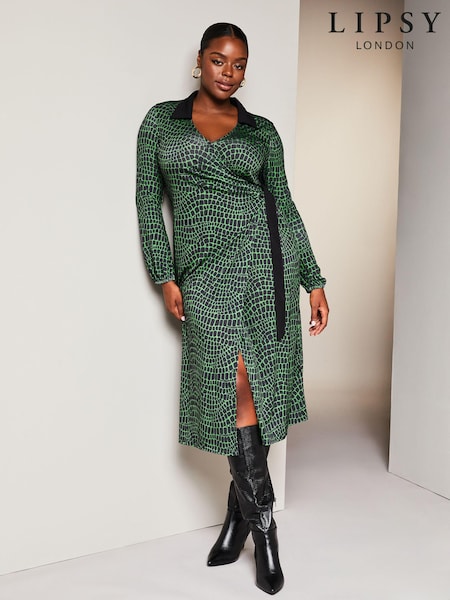 Lipsy Green Curve Jersey Wrap V Neck Ruched Hardware Midi Shirt Dress (K65915) | €15.50