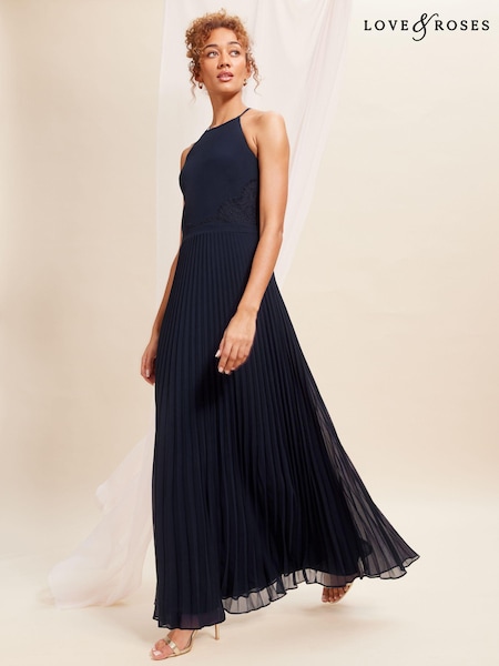 Love & Roses Navy Blue Petite Pleated Lace Insert Bridesmaid Maxi Dress (K66305) | €29