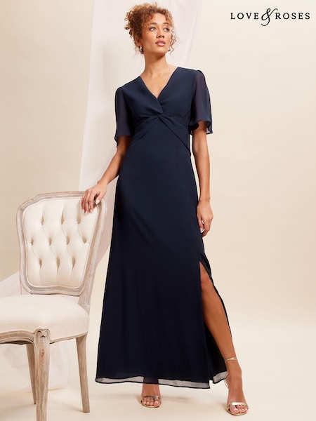 Bleumarin albastru - Love & Roses Twist Front Flutter Sleeve Lace Insert Maxi Dress (K66308) | 708 LEI