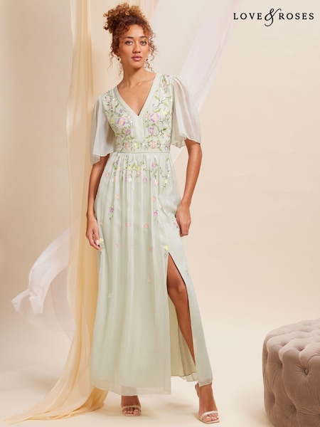 Love & Roses Green Embellished Chiffon Flutter Sleeve Maxi Dress (K66309) | €62
