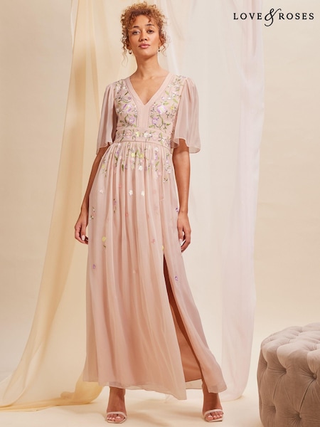 Love & Roses Pink Embellished Chiffon Flutter Sleeve Maxi Dress (K66311) | €93