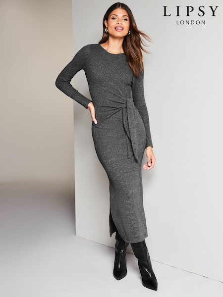 Lipsy Grey Crew Neck Cosy Long Sleeve Tie Side Jersey Midi Jumper Dress (K67345) | €18