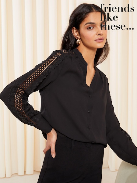 Friends Like These Black Crochet Trim Long Sleeve Grandad Collar Shirt (K67493) | €18