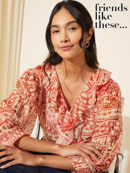 Friends Like These Red 3/4 Sleeve Ruffle Front Chiffon Blouse (K67505) | €23